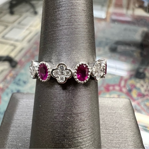 14k White Gold Diamond & Ruby Band Ring - Picture 2 of 9